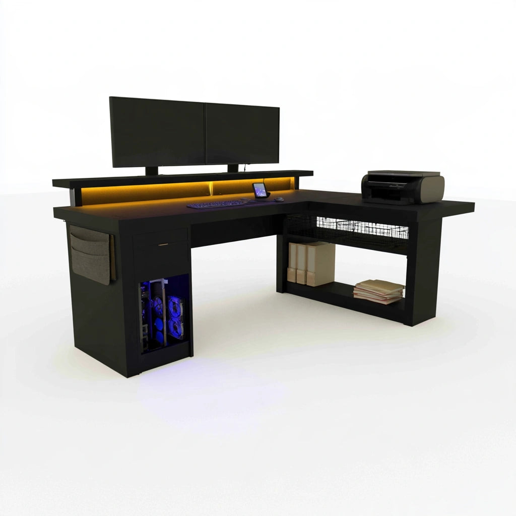 Yaventoq black L-shaped office bureau for home and garden, modern workstation with clean lines and spacious workspace.