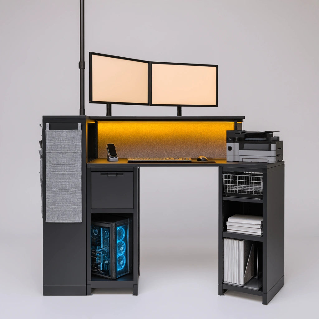 Yaventoq black L-shaped office desk for home and workspace, featuring a sleek modern design in a clean photo.