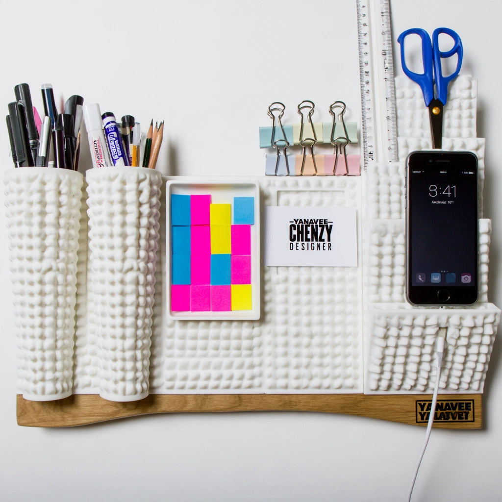 Yaventoq white modular desk organizer on modern office desk, featuring clean lines and multiple compartments for workspace organization.