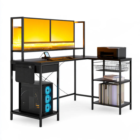 Black Yaventoq L-shaped office desk in a clean, modern workspace, designed for home or office use.
