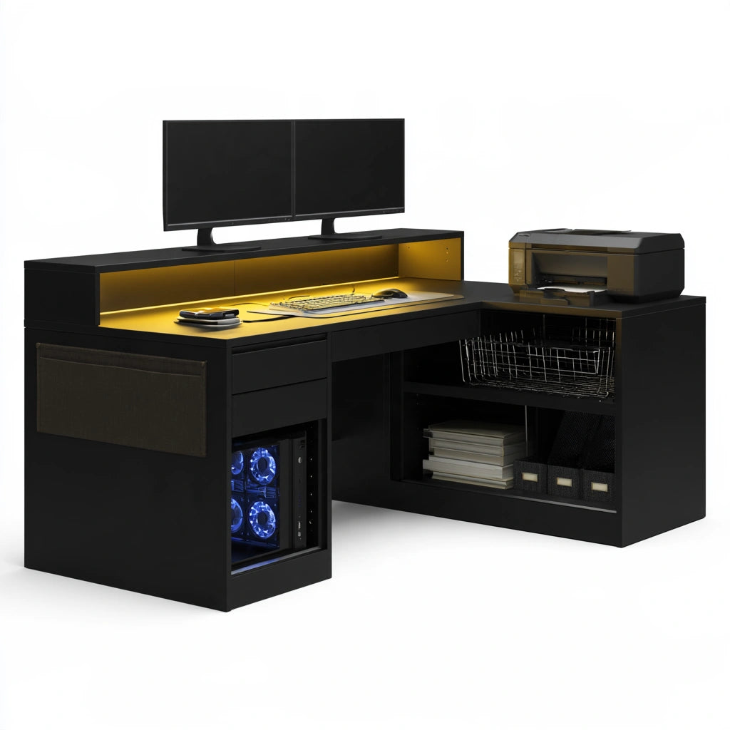 Yaventoq black L-shaped office bureau in a modern workspace, featuring a sleek design for home or professional office use.