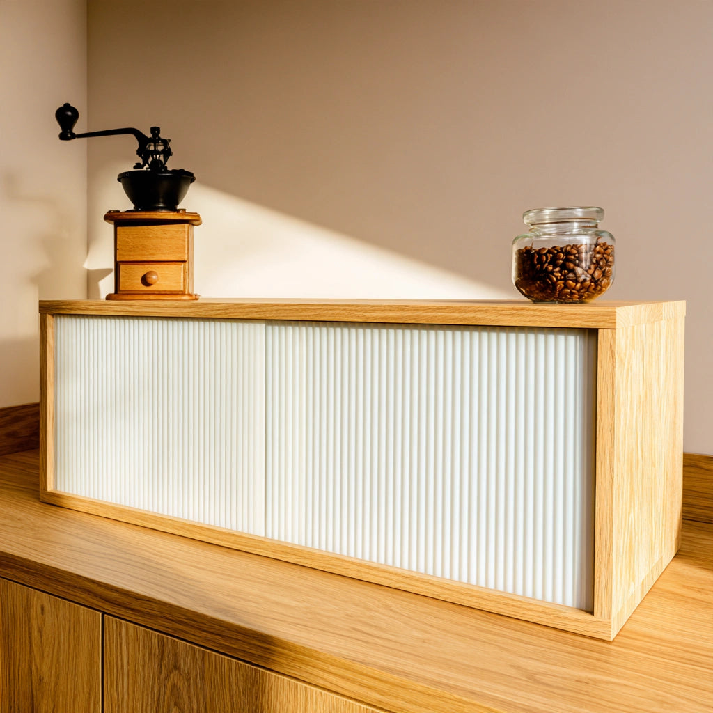 Close-up of a light brown wooden bread box from Yaventoq, designed for kitchen storage and bread organization.
