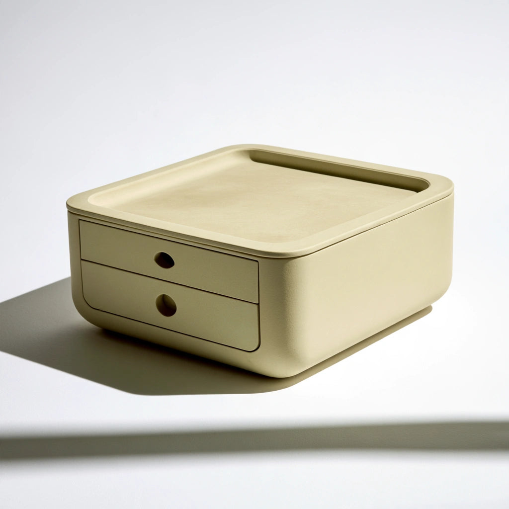 Close-up of a Yaventoq gray double drawer office desk organizer for storing stationery and office supplies.