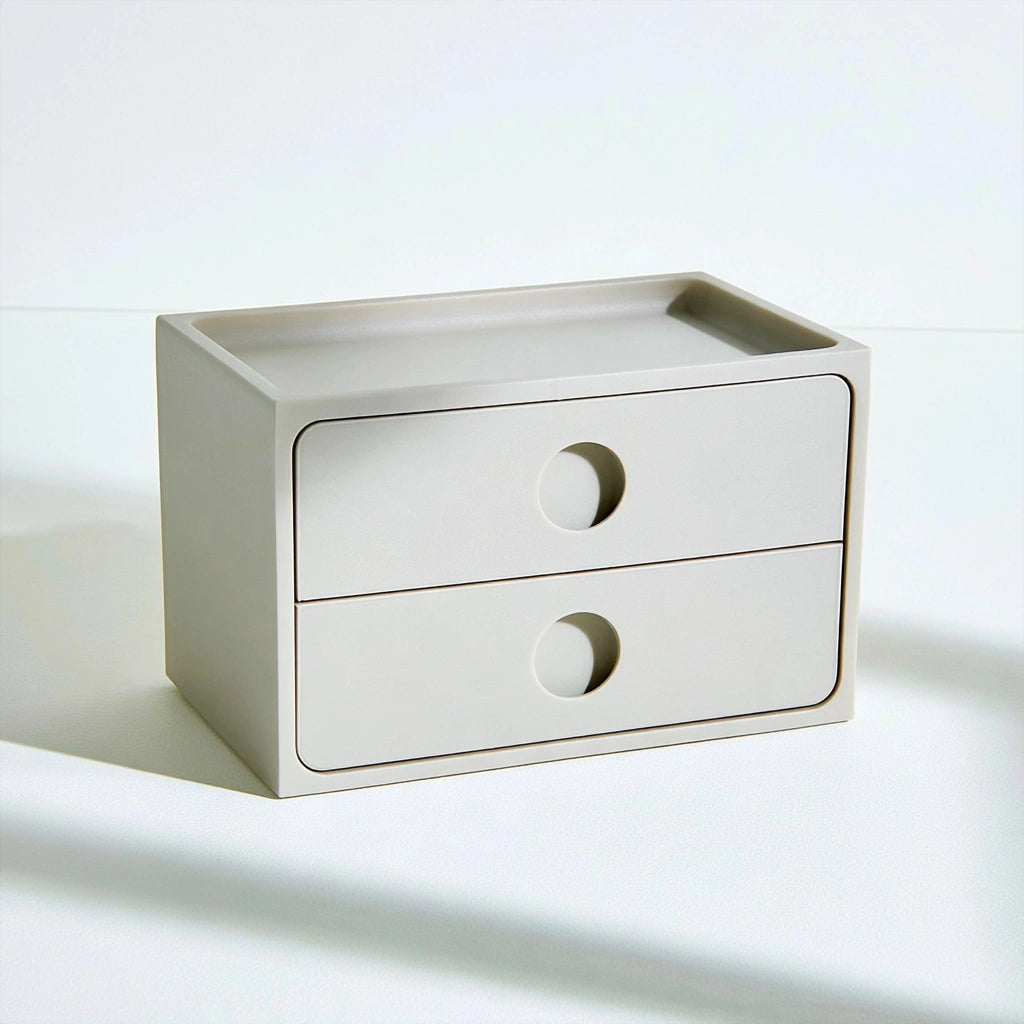 Close-up of a sleek gray Yaventoq office desk with double drawers, ideal for home and office storage in living and working spaces.