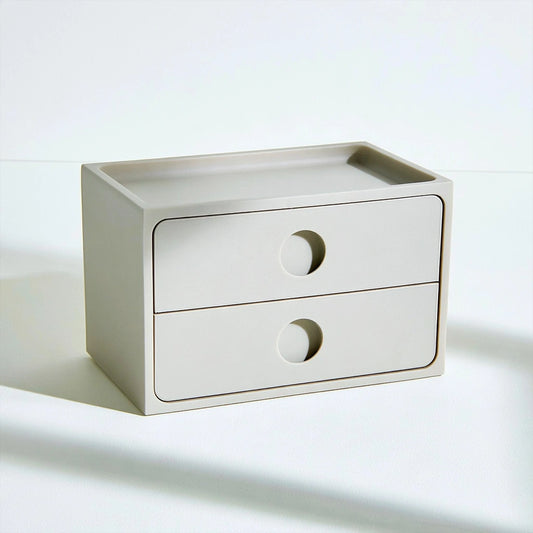 Close-up of a sleek gray Yaventoq office desk with double drawers, ideal for home and office storage in living and working spaces.