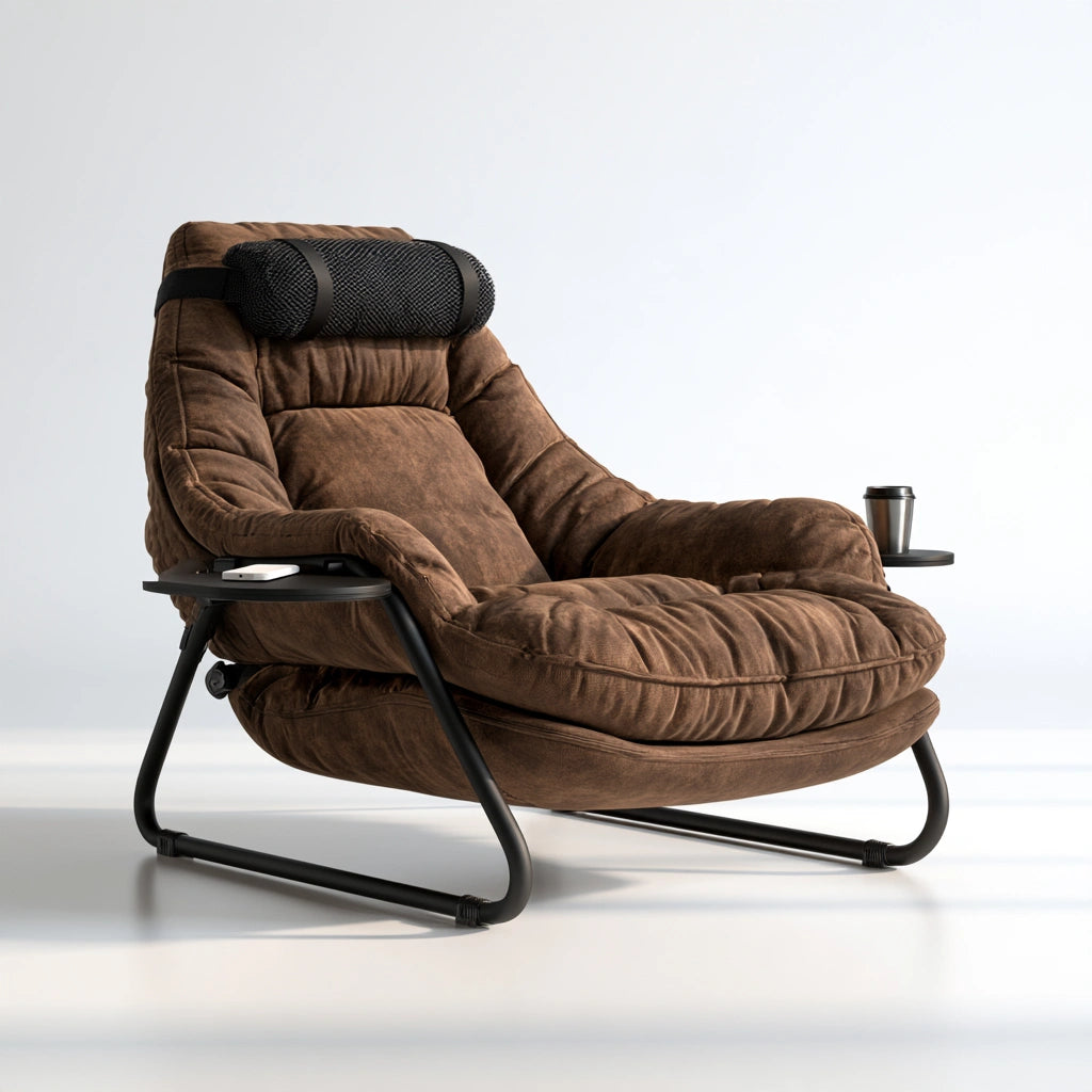 Brown folding recliner chair by Yaventoq with thick padded seat, ideal for living room relaxation and versatile seating.