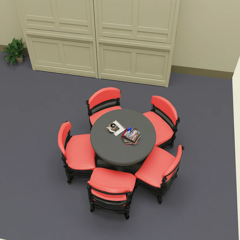 Yaventoq grey round dining table with matching chairs in a modern living and dining room setting.